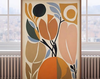 May include: A framed abstract art print featuring a floral design in shades of orange, peach, and blue against a cream background. The artwork includes geometric shapes and a black circle, with a wooden frame. The print is displayed in a room with a window.