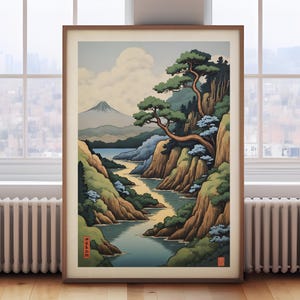 Japanese traditional landscape painting, vintage Japanese wall art, Japanese woodblock print, Japanese print, Japanese art