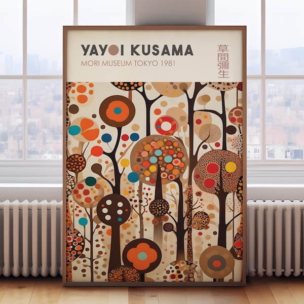 May include: A poster featuring a colorful abstract art print by Yayoi Kusama. The print features a forest of trees with colorful circles and dots. The text "Yayoi Kusama" and "Mori Museum Tokyo 1981" is printed at the top of the poster.