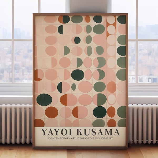 May include: A framed poster with a geometric pattern of pink, green, and orange circles and semi-circles. The poster has the text "Yayoi Kusama" and "Contemporary Art Scene of the 20th Century" at the bottom.