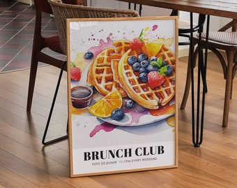 Brunch club print, waffles print, breakfast print, Food Illustration Print, Kitchen Decor, colourful Food wall art, food painting
