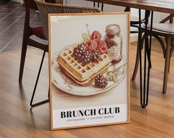 Brunch club print, waffles print, vintage breakfast print, Food Illustration Print, Kitchen Decor, Food wall art, food painting