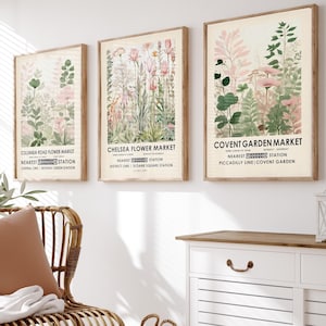 Set of 3 Pink floral William Morris prints, Chelsea Flower Market, Covent Garden Market, Columbia Road Market, London flower market prints
