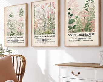 Set of 3 Pink floral William Morris prints, Chelsea Flower Market, Covent Garden Market, Columbia Road Market, London flower market prints