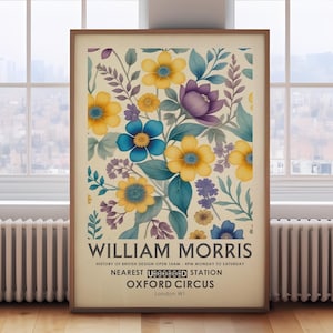 William Morris poster, spring vintage botanical print, yellow, purple, blue floral wall art, spring flowers, vintage flowers, ditsy florals