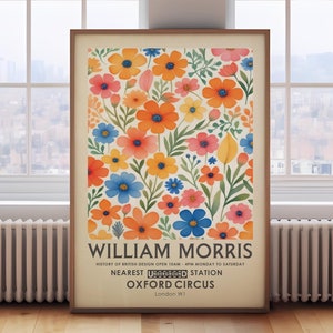 William Morris poster, orange vintage botanical print, yellow, orange, blue floral wall art, ditsy spring flowers, vintage flowers