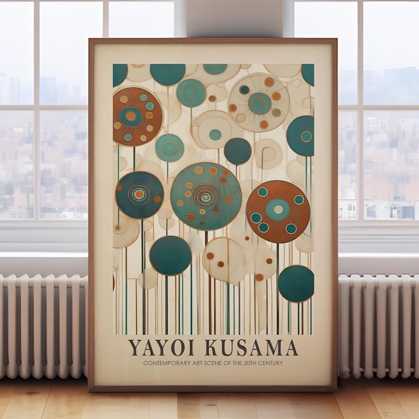May include: A poster featuring abstract art by Yayoi Kusama. The artwork is a colorful composition of overlapping circles in shades of teal, brown, and white. The text "Yayoi Kusama" and "Contemporary Art Scene of the 20th Century" is printed at the bottom of the poster.