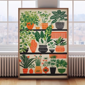 Impresión de plantas de interior, impresión de maceta, plantas en un estante, impresión botánica, arte de pared de plantas, impresión suculenta,