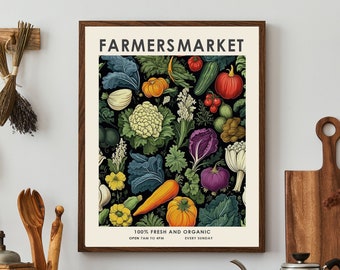 Farmers market print, William Morris kitchen print, vintage vegetable print, vintage food print, retro food print, kitchen wall art,