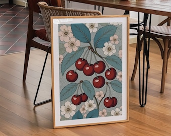 William Morris cherry print, vintage kitchen print, fruit wall art, cherries print, vintage kitchen decor, dining room wall art