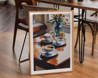 May include: A framed print of a still life painting featuring a table setting with four cups of coffee, a vase of flowers, and a glass of juice. The painting is set against a window with sunlight streaming in.