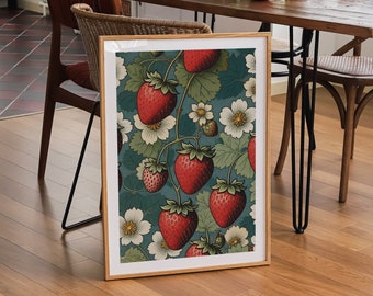 William Morris strawberry print, vintage kitchen print, fruit wall art, strawberries print, vintage kitchen decor, dining room wall art