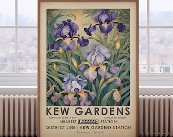 May include: A vintage poster advertising Kew Gardens in London, England. The poster features a colorful illustration of purple and yellow irises with green leaves. The text on the poster reads "Kew Gardens", "Admission 10am to 5pm", "Monday to Sunday", "Nearest Underground Station", "District Line | Kew Gardens Station", and "Richmond TW9 3AB".