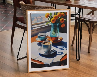 May include: A framed print of a still life featuring a vase of orange flowers, two cups of coffee, and a white tablecloth. The print is hanging on a wall in a dining room.