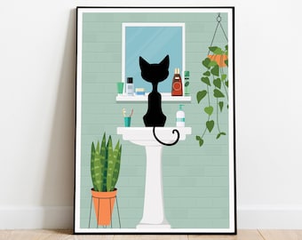 retro cat bathroom print, mid century modern print, cat poster, mid century bathroom wall art, retro wall art,cat lover gift
