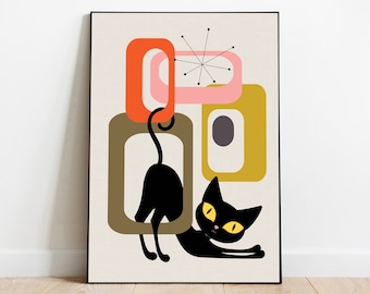 mid century wall art, Retro cat print, Atomic cat, mid century print, mid century cat print, mid century modern, retro wall art, cat gift