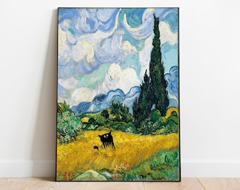 May include: A black cat sits in a field of yellow wheat, with a tall green cypress tree in the background. The sky is blue with white clouds, painted in a swirling, impressionistic style.