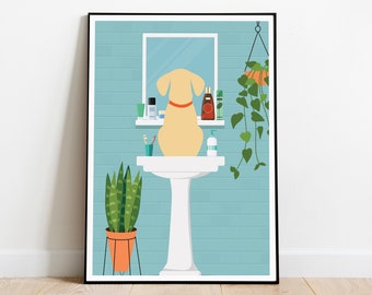 dog in the bathroom print, dog print, retro bathroom print, funny bathroom wall art, dog lover gift, dog wall art, mid century bathroom,