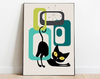 mid century modern, mid century wall art, Retro cat print, Atomic cat, mid century print, mid century cat print, retro wall art, cat gift