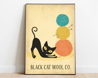 May include: A black cat with yellow eyes is playing with a ball of yarn. The yarn is stacked on top of two other balls of yarn, one yellow and one blue. The text "BLACK CAT WOOL CO." is printed below the cat and yarn.