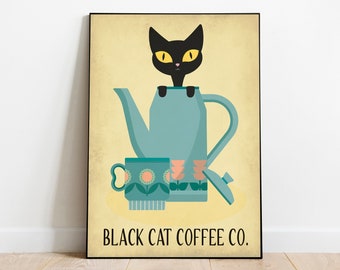 Black cat and coffee, mid century coffee print, retro cat print, coffee wall art, cat lover gift, kitchen print, kitchen wall art