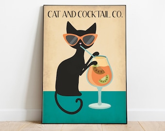 mid century cocktail print, retro black cat print, cat wall art, cocktail wall art, bar art, kitchen print, kitchen wall art, cat gift,