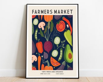 May include: A poster with a dark blue background featuring a variety of colorful vegetables and fruits. The text "FARMERS MARKET" is at the top of the poster. The text "100% FRESH AND ORGANIC" is at the bottom of the poster, along with the text "OPEN 7AM TO 4PM EVERY SUNDAY".