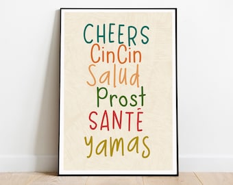 Cheers Print, Cin Cin, Yamas, Salud, Prost, Sante, Retro Kitchen Wall Print, bar cart print, bar wall art, alcohol wall art, kitchen decor