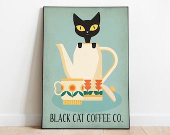 Black Cat coffee print, coffee print, retro black cat print, mid century coffee wall art, cat lover gift, kitchen print, kitchen wall art