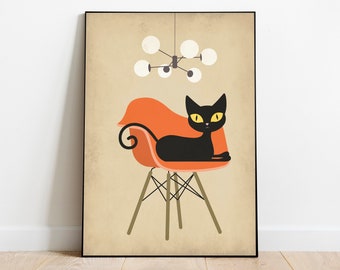 May include: A black cat with yellow eyes sits in an orange chair with a mid-century modern design. The chair has four legs and a curved back. A white and black chandelier hangs above the chair.