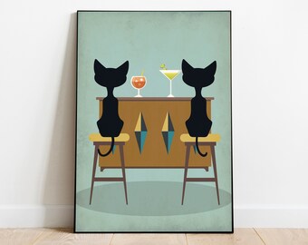 mid century cocktail print, Atomic cat print, black cat wall art, cocktail wall art, bar art, kitchen print, kitchen wall art, cat gift,