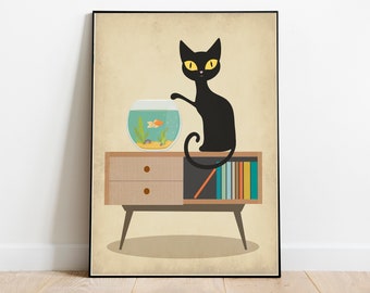 Retro black cat wall art, Atomic cat, mid century modern print, mid century print, office decor, retro wall art, cat lover gift, cat poster,