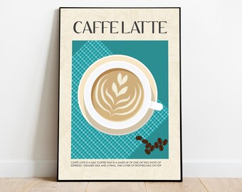 Retro coffee poster, caffe latte print, vintage coffee,  kitchen print, kitchen wall art, retro kitchen poster, coffee lover, coffee gift