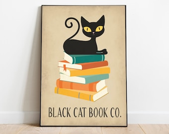 Retro black cat and books, reading print, library print, office decor, mid century modern, cat gift, books wall art, cat wall art,