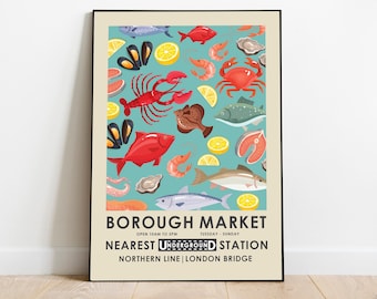 Borough Market print, farmers market, kitchen print, vintage seafood print, retro food, lobster, crab, fish, underground advertising poster