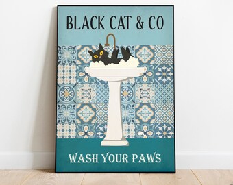 wash your paws print, Black cat & co bathroom print, retro bathroom print, bathroom decor, bathroom wall art, cat print, cat gift,