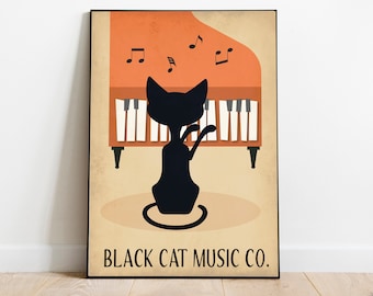 Retro music print, black cat, jazz poster, mid century cat print, mid century print, mid century wall art, retro wall art, cat lover gift