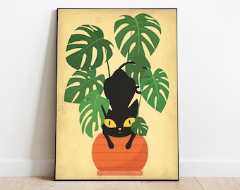 Cat and plants print, Retro cat print, mid century cat poster, cat lover gift, retro wall art, mid century modern, atomic cat gift