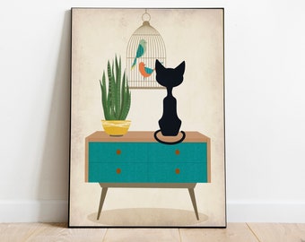 Retro cat wall art, mid century modern cat print, Atomic cat, mid century print, cat and birds, retro wall art, cat lover gift, cat gift