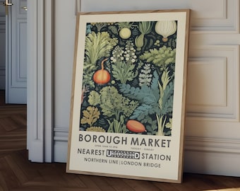 Borough Market print, William Morris kitchen print, vintage food poster, retro kitchen print, vintage kitchen decor, food and drink.