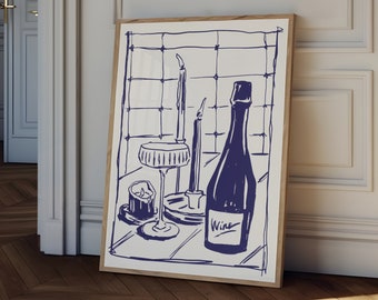 Dining with wine Poster, hand drawn Wine Print, blue kitchen decor, bar cart print, wine wall art, Retro Food Art, Kitchen print