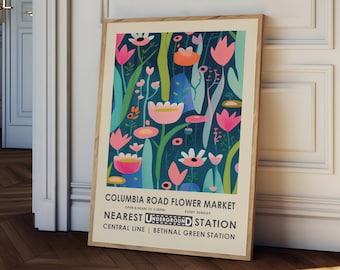 Columbia Road Market, London Flower market poster, Retro botanical print, floral wall art, exhibition poster, Underground print