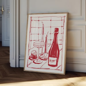 Dining with wine Poster, hand drawn Wine Print, red kitchen decor, bar cart print, wine wall art, bar wall art, Retro Food Art,Kitchen print