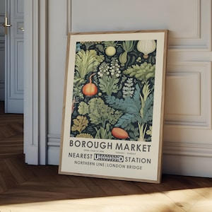 Borough Market print, William Morris kitchen print, vintage food poster, retro kitchen print, vintage kitchen decor, food and drink.