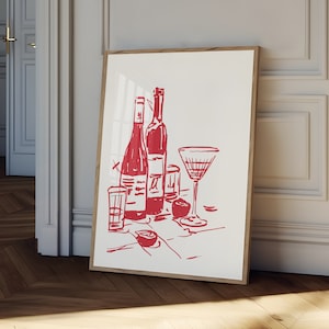 Wine and dine Poster, hand drawn Wine Print, red kitchen decor, bar cart print, wine wall art, Retro Food Art, Kitchen print