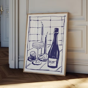 Dining with wine Poster, hand drawn Wine Print, blue kitchen decor, bar cart print, wine wall art, Retro Food Art, Kitchen print