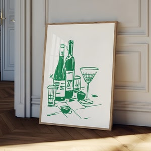 Wine and dine Poster, hand drawn Wine Print, blue kitchen decor, bar cart print, wine wall art, Retro Food Art, Kitchen print bild 2