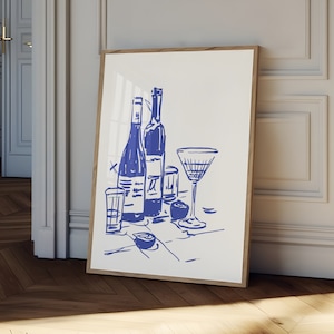 Wine and dine Poster, hand drawn Wine Print, blue kitchen decor, bar cart print, wine wall art, Retro Food Art, Kitchen print