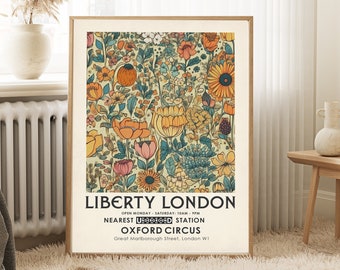 William Morris poster, Orange Flower market print, Liberty London store, vintage botanical print, retro floral wall art, flowers print