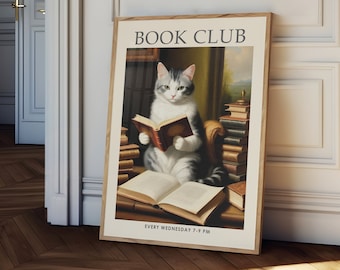 Vintage book poster, Book club print, victorian cat reading a book, library print, book lover gift, vintage reading poster, cat wall art